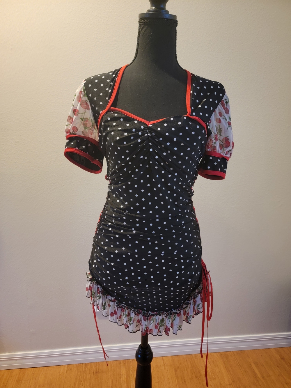 Pinup Girl Costume - Polka Dot Black & White Ruched Dress with Red Trim